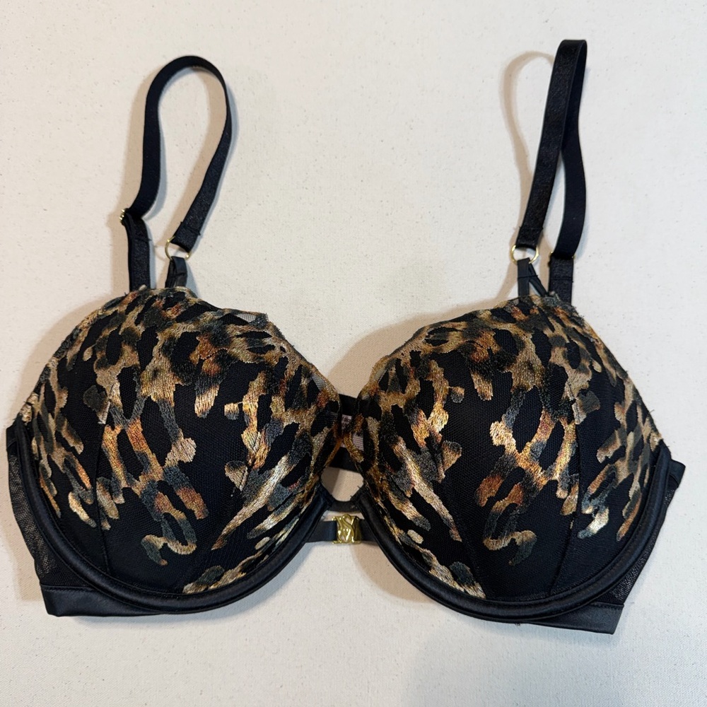 Victoria's Secret Gold Metallic Animal Print Black Bra